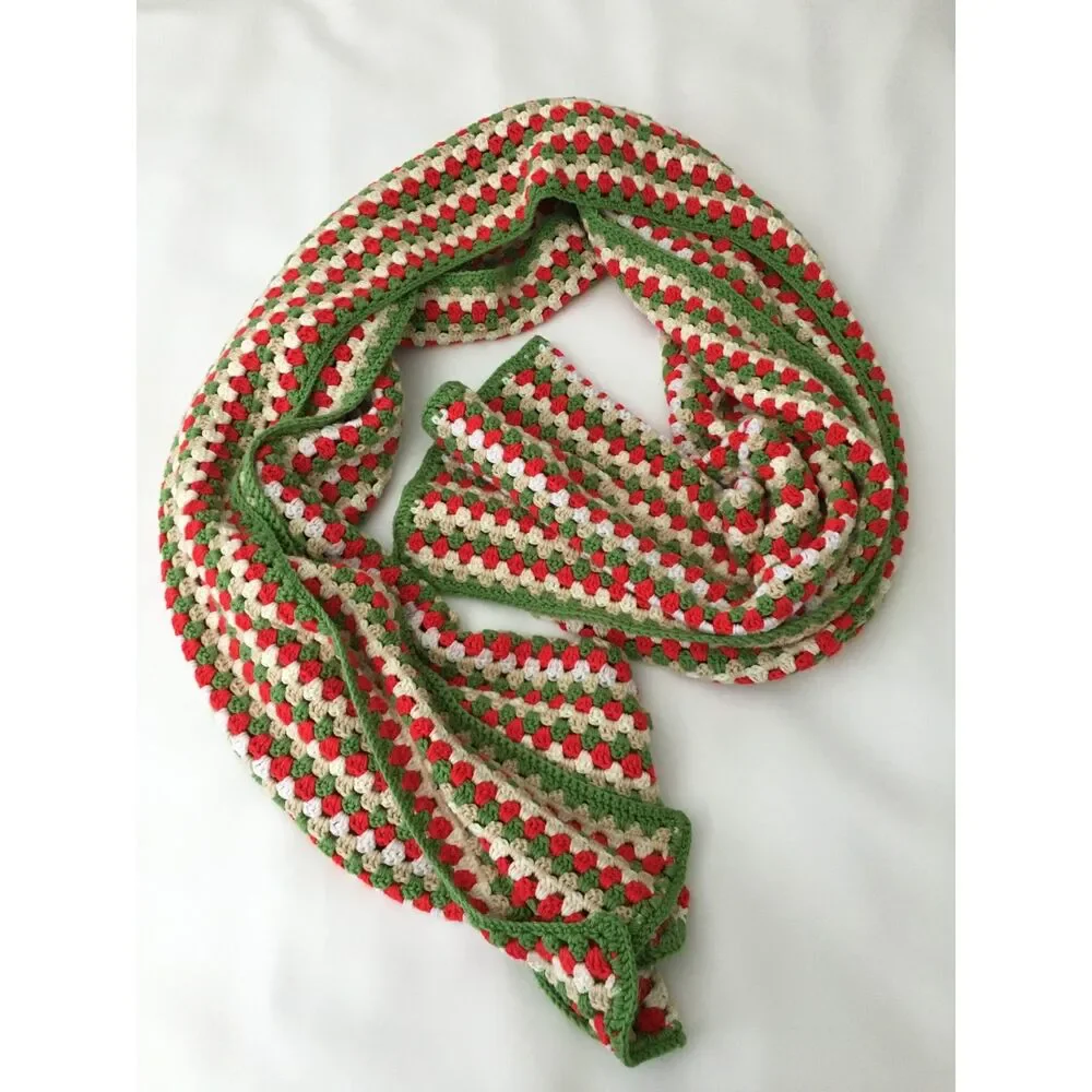 Handmade Crochet Christmas Afghan Blanket Red Green Cream Long Throw 41